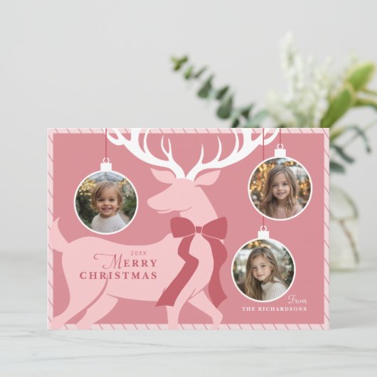 トナカイ3枚の写真ピンクのクリスマスカード シーズンカード (スタンド正面)