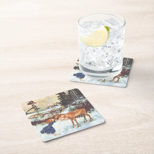 "トナカイ"に接吻している女の子クリスマスのコースター スクエアペーパーコースター (インサイチュ)