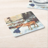"トナカイ"に接吻している女の子クリスマスのコースター スクエアペーパーコースター (アングル)