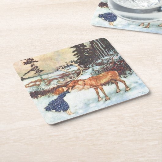 "トナカイ"に接吻している女の子クリスマスのコースター スクエアペーパーコースター (アングル)