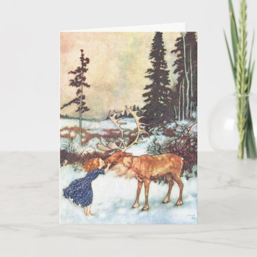 "トナカイ"に接吻している女の子ヴィンテージのクリスマスカード シーズンカード (正面)