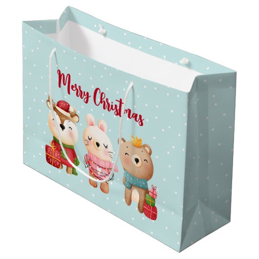 トナカイ、クマとウサギのメリークリスマス ラージペーパーバッグ (正面アングル)