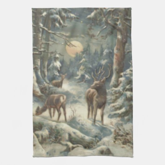 トナカイ クリスマスツリー 常緑樹の森 雪 キッチンタオル (縦)