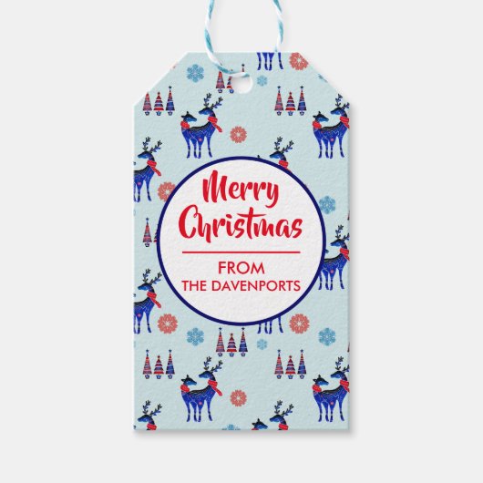 トナカイ、クリスマスツリー、雪片パターン ギフトタグ (正面)