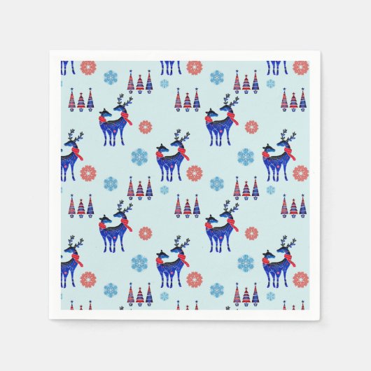 トナカイ、クリスマスツリー、雪片パターン スタンダードカクテルナプキン (正面)