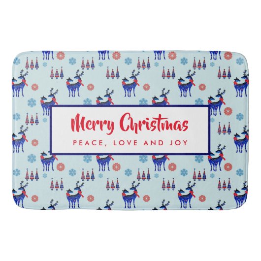 トナカイ、クリスマスツリー、雪片パターン バスマット (正面)