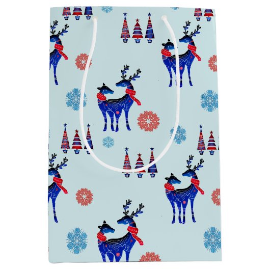 トナカイ、クリスマスツリー、雪片パターン ミディアムペーパーバッグ (正面)