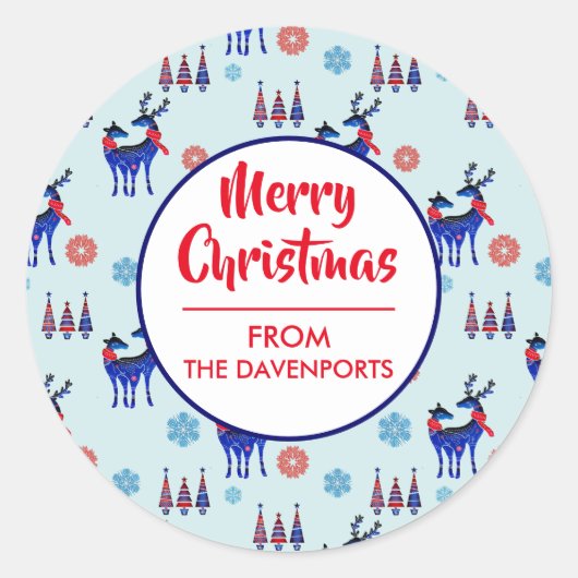 トナカイ、クリスマスツリー、雪片パターン ラウンドシール (正面)