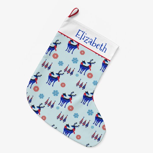 トナカイ、クリスマスツリー、雪片パターン ラージクリスマスストッキング (正面 (吊り時))