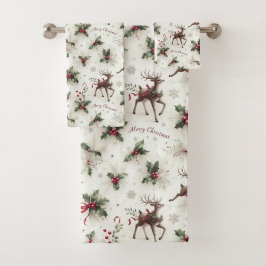 トナカイ、クリスマスホリー、雪片 バスタオルセット (インサイチュ)
