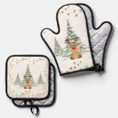 トナカイ クリスマス ホリデー ライト 冬の木々  鍋つかみ&鍋敷きセット (正面/裏面)