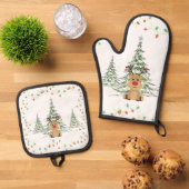トナカイ クリスマス ホリデー ライト 冬の木々  鍋つかみ&鍋敷きセット (トップダウン)