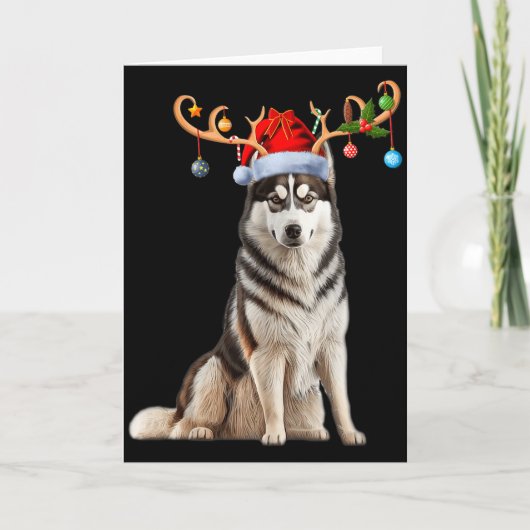 トナカイ サンタ帽子 クリスマスパジャマ ハスキー犬 Xmas カード (正面)