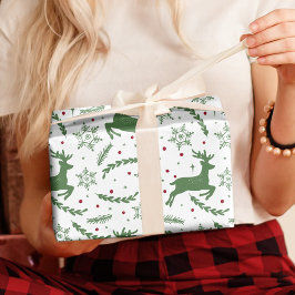 トナカイ&スノーフレークユール（キリスト降誕祭）クリスマスグリーン ラッピングペーパー