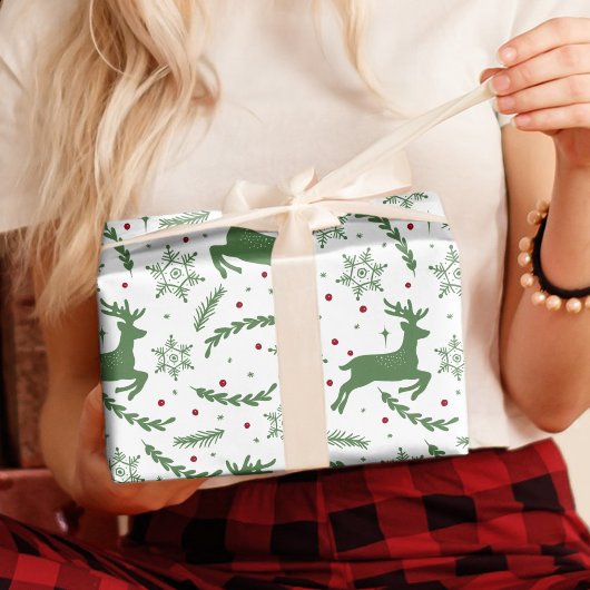 トナカイ&スノーフレークユール(キリスト降誕祭)クリスマスグリーン ラッピングペーパー