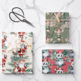 トナカイ、パンダのクリスマス ラッピングペーパーシート