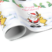 トナカイ、ホリーベリー、雪とクリスマスサンタ ラッピングペーパー (ロールコーナー)