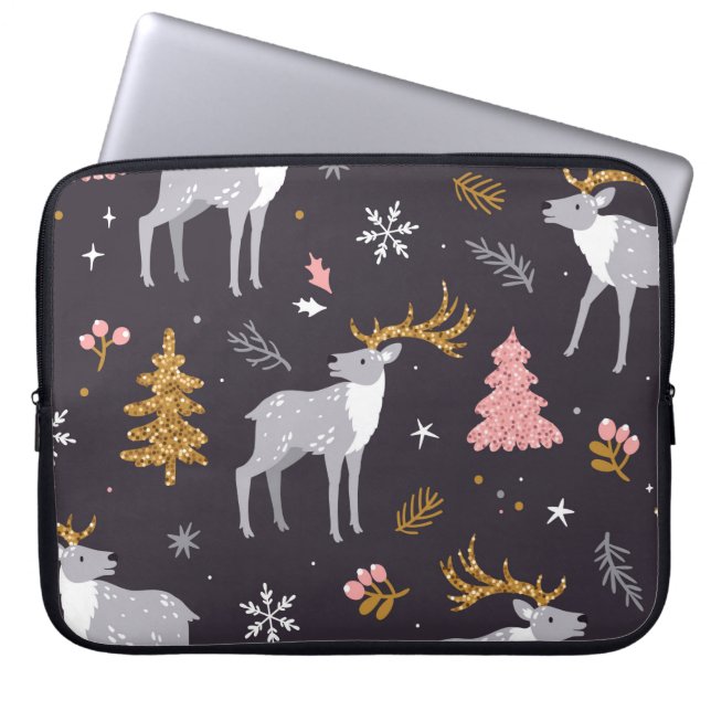 トナカイ、モミの木とスノのシームレスなパターン ラップトップスリーブ (正面)