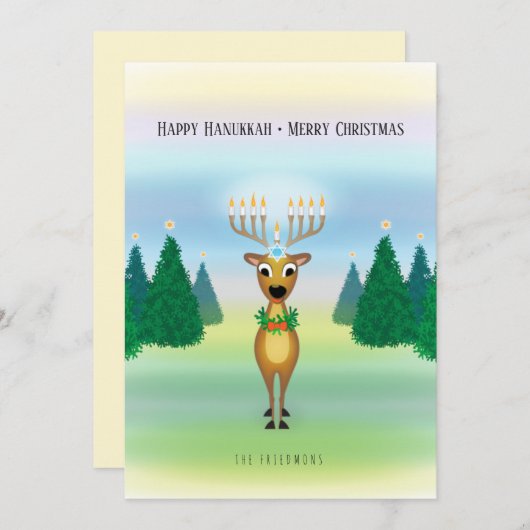 トナカイ(ユダヤ教)メノラーハヌッカクリスマスカード カード (正面/裏面)