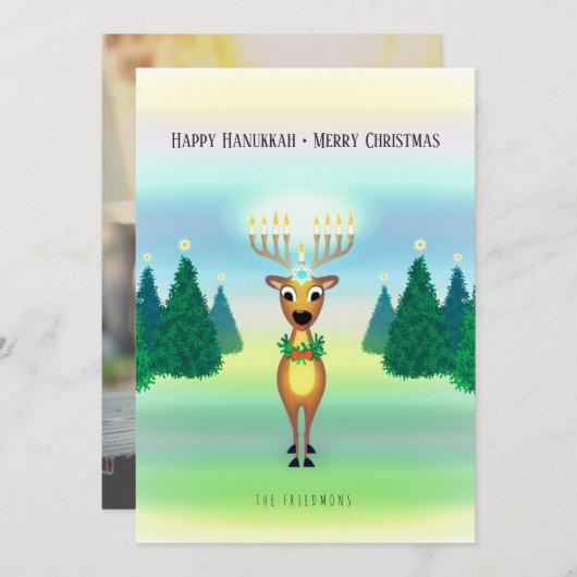 トナカイ（ユダヤ教）メノラーハヌッカクリスマスフォトカード カード (正面/裏面)