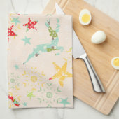 トナカイ、星、雪の結晶を飛び降りた キッチンタオル (四つ折り)