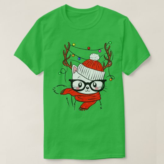 トナカイ 猫 サンタ クリスマス ライト クリスマス好きな猫 Tシャツ (デザイン正面)