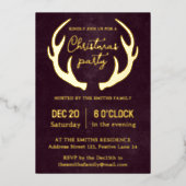 トナカイ〔雄ジカの〕枝角モダンバーガンディパーティー 箔招待状 (正面)