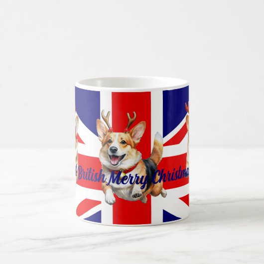 トナカイ〔雄ジカの〕枝角付きイギリスのクリスマスコーギ コーヒーマグカップ (中央)