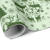 トナカイ、雪うさぎ、木と冬の休日 ラッピングペーパー (ロールコーナー)