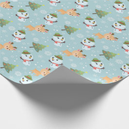 トナカイ、雪だるま、クリスマスツリー ラッピングペーパー