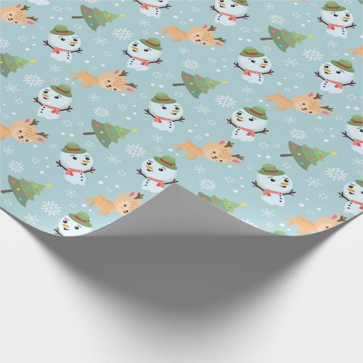 トナカイ、雪だるま、クリスマスツリー ラッピングペーパー (角)