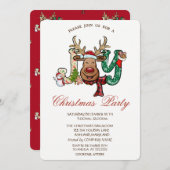 トナカイ，雪だるま，ジョイ・クリスマス・パーティー 招待状 (正面/裏面)