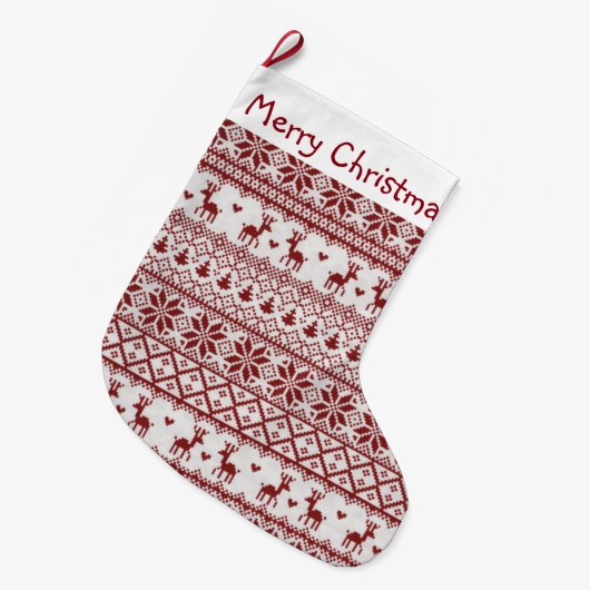 トナカイ、雪片およびクリスマスツリー ラージクリスマスストッキング (正面 (吊り時))