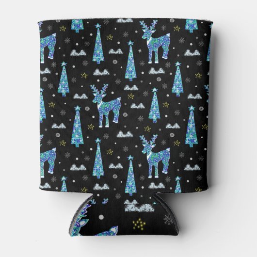 トナカイ、雪片、クリスマスパターン 缶クーラー (正面)