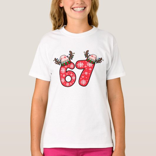 トナカイ 6 7 サンタ帽子 クリスマス Tシャツ (正面)