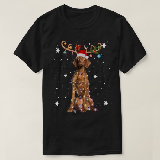 トナカイVizslaドッグサンタハットクリスマスライトクリスマス Tシャツ (デザイン正面)