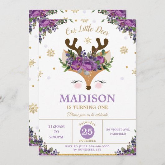 トナディパープルフローラ雪片バースデーパーティー 招待状 (正面/裏面)