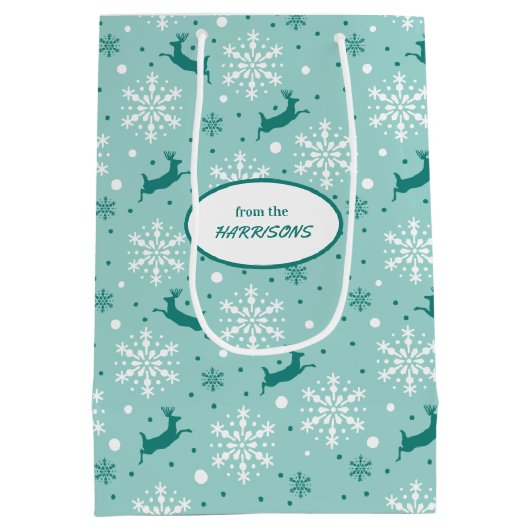 トナディースノーフレークティール(緑がかった色)ブルークリスマスメディアギフト ミディアムペーパーバッグ (裏面)