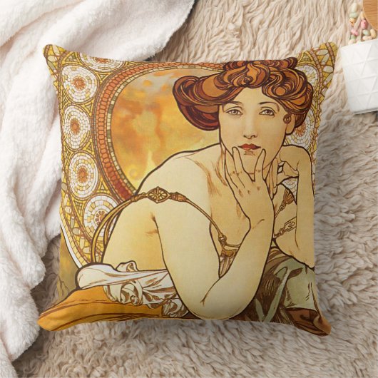 トパーズの宝石シリーズ、アルフォンス島のミュシャアールヌーボー クッション (ブランケット)