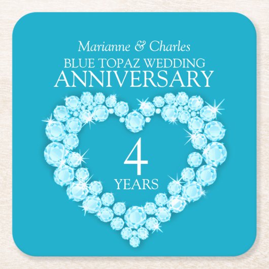 トパーズの第4結婚記念日のハートの青のコースター スクエアペーパーコースター (正面)