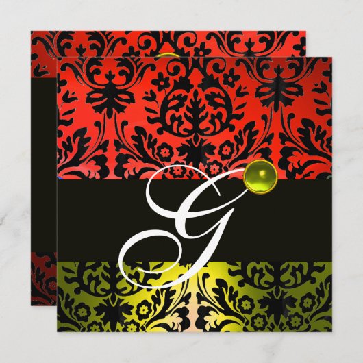 トパーズの赤と黄色と黒のダマスクモノグラム 招待状 (正面/裏面)