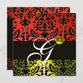 トパーズの赤黄色黒ダマスクモノグラム 招待状 (正面/裏面)