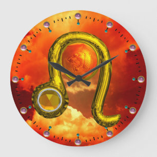 トパーズ宝石付きレオ金ゴールド〔占星術の〕十二宮図誕生日ジュエル ラージ壁時計