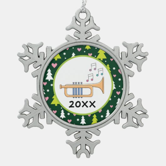 トパーソナライズされたランペット音楽クリスマスプレゼント スノーフレークピューターオーナメント (正面)