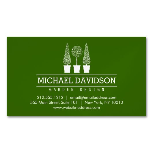 トピアリートリオガーデナー造園グリーン/ホワイト マグネット名刺 (正面)