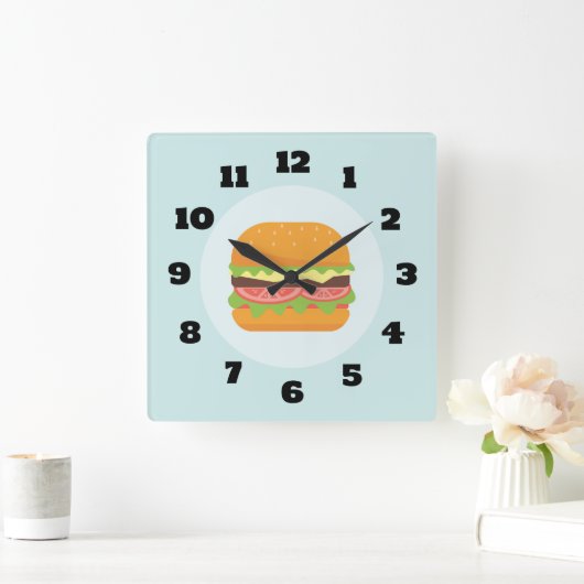 トマトおよびレタスを持つハンバーガーのイラストレーション スクエア壁時計 (ホーム)