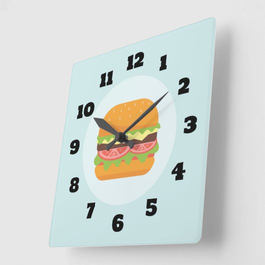 トマトおよびレタスを持つハンバーガーのイラストレーション スクエア壁時計 (傾斜)