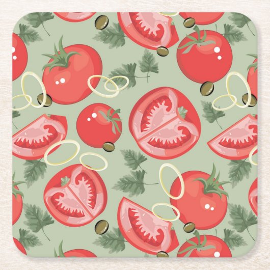 トマトが付いている抽象的なパターン スクエアペーパーコースター (正面)