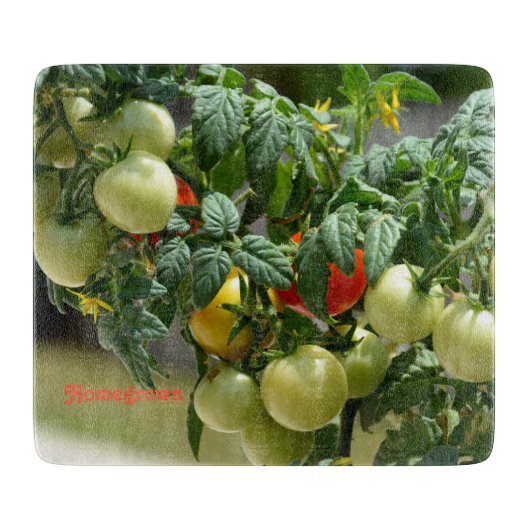 トマトと花の写真ガラス カッティングボード (正面)