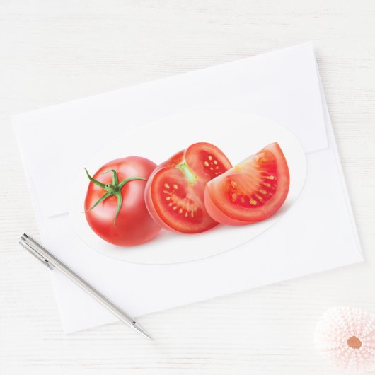 トマトを切る 楕円形シール (封筒)